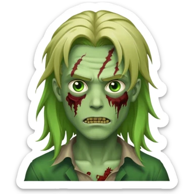 handsome male zombie with green skin, dirty blonde long flowing anime hair, bright green eyes, slight smirk, iOS emoji style sticker
