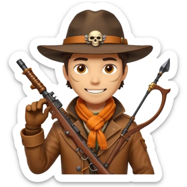 male human monster hunter emoji, wearing brown leather coat and wide hat, holding crossbow or rifle, with amulet shaped like skull, Halloween fantasy theme, confident smile, orange scarf, Apple emoji style, clean white background, square image sticker