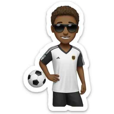 boy with brown hair and brown eyes and brown skin playing soccer with dark sunglasses on and a white jersey  sticker