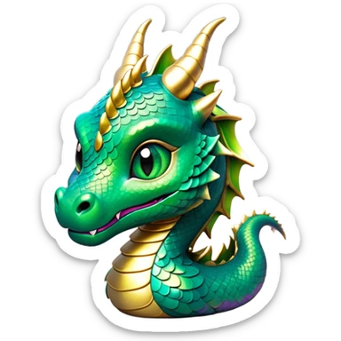 Cinematic Cute Dragon Portrait Emoji, Head tilted playfully and inquisitively, featuring a sleek, serpentine form adorned with iridescent scales that shift between emerald and gold, a delicate set of subtle horns, and round, sparkling eyes full of curious magic; rendered with realistic detail and warm natural light, high shine, affectionate and enchanting, styled with a touch of whimsical fantasy, soft glowing outline, capturing the essence of a mischievous yet lovable dragon that seems poised to slither playfully into your arms! sticker