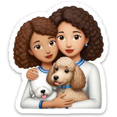 White standard poodle and Asian brown-skinned woman embrace sticker