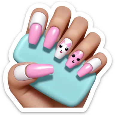 kawaii style baddie TikTok Bratz Y2K acrylic nails, 3D glossy, outlined, sticker-like, pastel pinks, neon accents, white or transparent background, 512x512px sticker