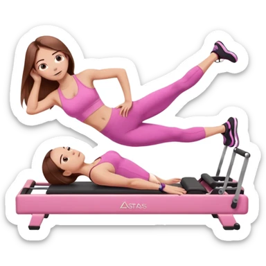 one girl doing a plank on a pilates reformer in a pink workout set with long brown hair sticker