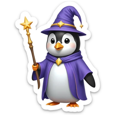 Penguin wearing wizard hat and robe holding a magic wand sticker