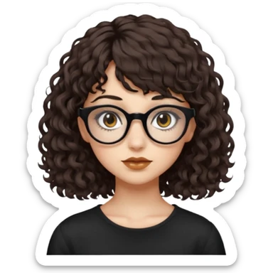 A girl with fair skin, brown eyes with black square glasses, eyeliner, shoulder length curly hair with bangs, with a grunge outfit  sticker