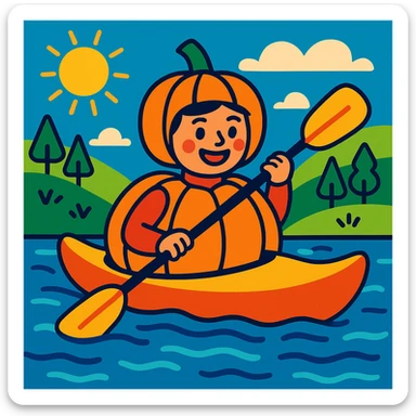 a person in a kayak costume shaped like a pumpkin, cheerful scene, vibrant toon style, joyful and colorful sticker
