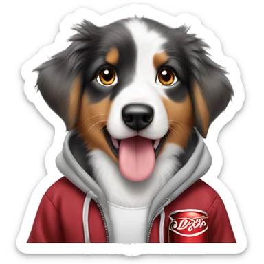 Australian Shepard puppy with a hoodie on with a Dr.Pepper soda sticker