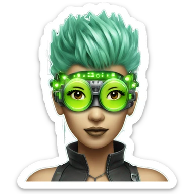 Neon green Mohawk hair Asian female cyborg head with silver steampunk goggles and circuits sticker