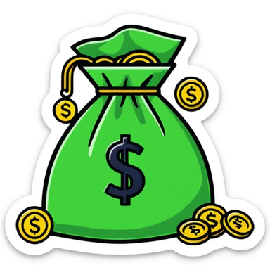cartoonish sticker of a money bag with gold coins sticker