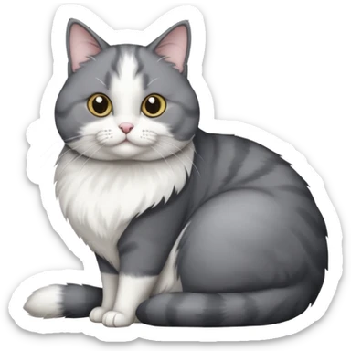 Gray and white tuxedo cat that is fat with white on top of tail and white on nose sticker