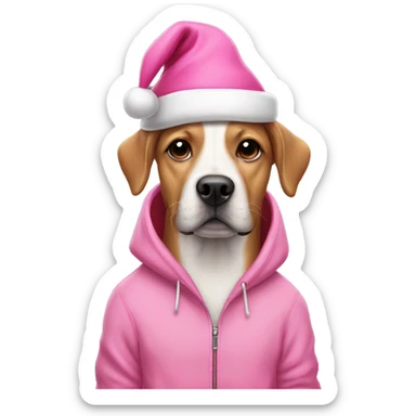 Dog wearing a pink hoodie and a pink Santa hat sticker