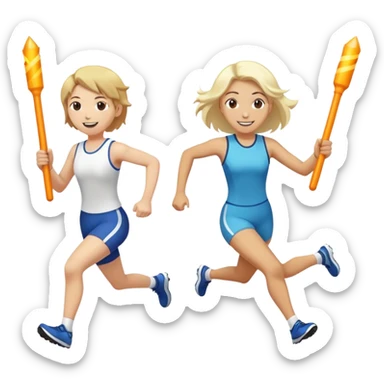 No that looks like a sword fight.  Make two people in a relay race with one large bright baton passing it from one person to the next while running and smiling. One needs to be running behind the other in the same direction. Better now one baton being handed off sticker