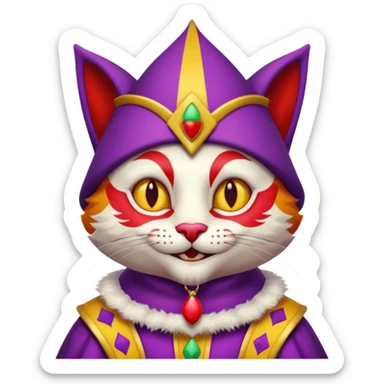 crazy colorful cute little cat jolly joker from poker, medieval, vintage, court jester, mac os icon, purple, yellow and red color, half body sticker