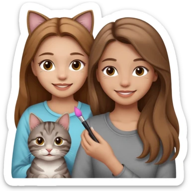A image of a girl with light long brown hair doing her makeup with her grey tabby cat. She is smiling sticker