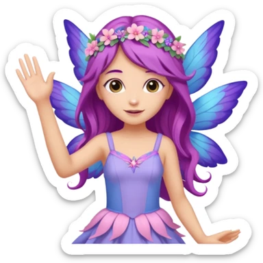 Tan female fairy, long  purple hair, flowers on head,  pastel pink blue and purple wings, wearing a, pastel pink dress, Waving with one hand sticker