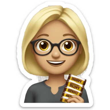 blonde girl with glasses eating a hersheys chocolate bar sticker
