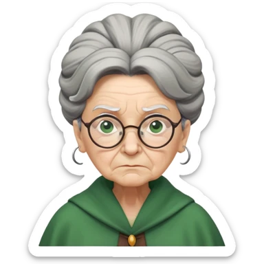 Stern elderly witch professor with glasses, tight bun, green robes, frowning with disapproval sticker