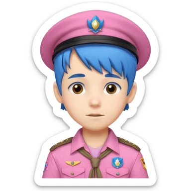 scout boy with very pink scout uniform, blue haired and hat sticker