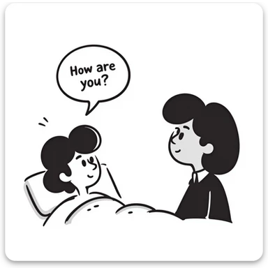 a person in a hospital bed looking concerned, asking 'How are you?' to a visitor, hospital setting with medical equipment, gentle caring expression on patient's face sticker