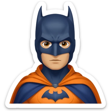 generate a batman emoji with just the face and neck showing and part of the cloak and and wings. Shade the mask in dark navy blue. Shade the wings in a medium olive green. Shade the cloak in a solidt vibran orange sticker