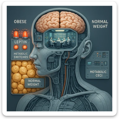 Medical CGI style illustration of cybernetic anatomy showing brain as control room. In obese section, leptin alarm bells ringing but metabolic switches stay ON, fat cells pile up like unread emails. In normal-weight section, control panel responds efficiently. 4K resolution, clinical, detailed, scientific visualization sticker
