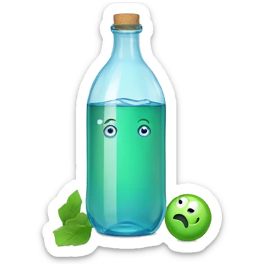 bottle of water with hole in botton with glass on top with green stuff sticker