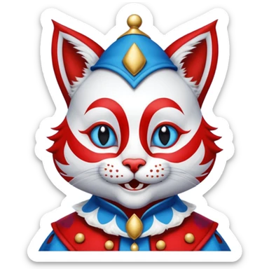 crazy colorful cute little cat jolly joker from poker, medieval, vintage, court jester, mac os icon, blue and red color, half body sticker