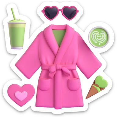 pink robe, heart-shaped sunglasses, matcha latte, and makeup palette arranged together sticker