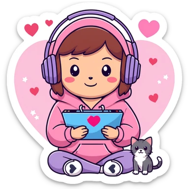 A brown-haired cartoon girl in a pink sparkly hoodie with headphones on, holding a game controller, surrounded by hearts, stars, and a puppy and kitten cuddling at her feet. sticker