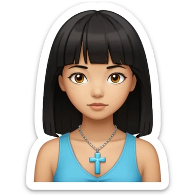 a girl with black straight hair and bangs with a necklace cross sticker