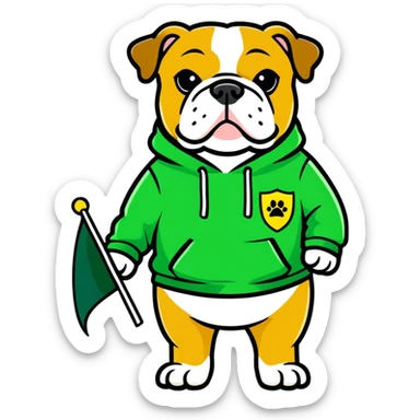 A bulldog wearing a green sweatshirt holding a little green flag sticker