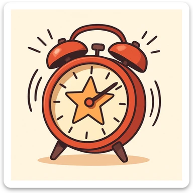 flat vector classic red alarm clock with twin bells, bold star in the center, minimal and modern, clean lines, soft shadows, ringing motion lines, light background sticker