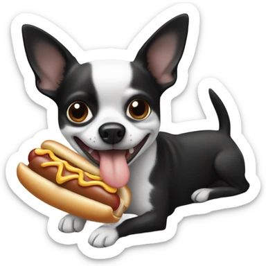 Black and white chihuahua eating a hot dog sticker