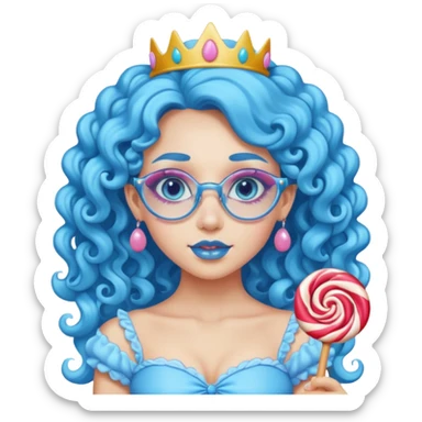 blue long curly haired princess of the candyland, with candy makeup candy glassess and just face sticker