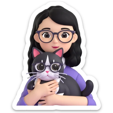 Girl with black hair wearing glasses holding a black and white cat sticker