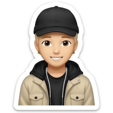 Portrait of a male K-pop idol, wearing a stylish streetwear outfit with layered clothing, makeup, wearing a black cap, happy sticker