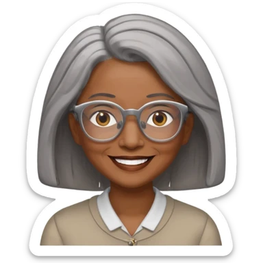 Older woman of color with gray shoulder length  hair and glasses and smiling sticker