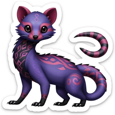 Rare warm-colored exotic gloomy tropical edgy cute epic aesthetic spooky indigo violet purple black red gothic colorful Salandit-Civet-species-Fakemon-hybrid-creature, with tribal tattoo markings, full body sticker