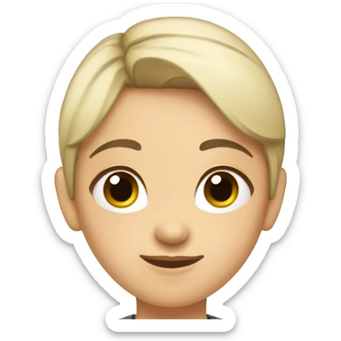 A head and shoulders shot of a 20 year old caucasian woman with black short hair wearing a tshirt. sticker