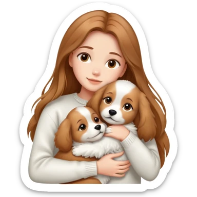 a girl with long light brown hair, in a white sweater, hugs a cute one dog. sticker