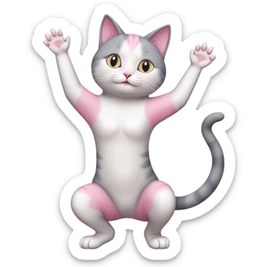 grey and white cat doing a big long stretch reaching up into the air with arms and legs together sticker