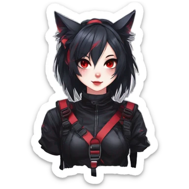 Gorgeous gothic dark techwear anime style anthro cat furry sona with blushing face aesthetic and pretty edgy black red punk messy ponytail hair with collar and harness trending style sticker