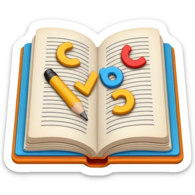 A minimalist emoji-style icon representing wordplay — symbolizing creativity with language. It features an open book or speech bubble merging with playful letters or word fragments, forming a clever visual pun. sticker