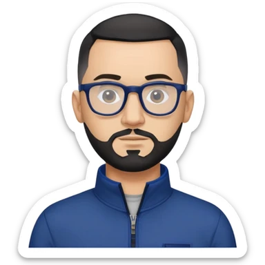 Light-skinned 40-year-old male with buzzcut black hair, gray short beard, black-framed glasses, navy blue zip-collar sports long sleeve shirt sticker