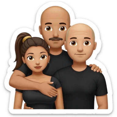 A picture of a tanned couple with the man's arm around the woman. the man is a Mexican man with tanned skin, a bald hair cut, short beard and wearing a black shirt. the woman is mixed, with curly hair in a pony tail, with big boobs  sticker