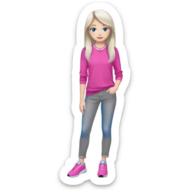 beautiful girl with long fair hair, blue eyes, in a vivid pink blouse, grey jeans and white trainers sticker