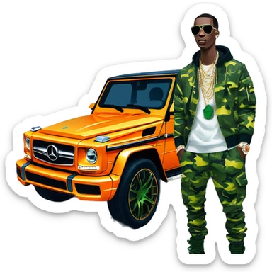 rapper,Young Dolph luxury clothes,blue diamond chain on,near his car, just opened drivers side car door to his all orange and green colored,whole car painted army camouflage, Mercedes G Wagon sticker