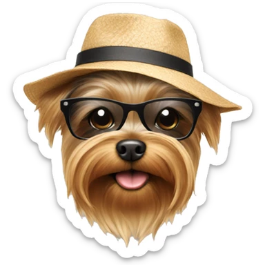 Yorkie wearing sunglasses and a hat sticker