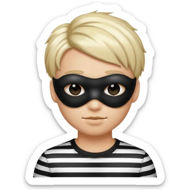Realistic ios emoji-style portrait of a classic burglar, a black eye mask and a black-and-white striped shirt. Highly detailed, natural skin texture, soft cinematic lighting, realistic shadows, smooth gradients, clean outline, glossy reflections in the eyes. emoji-like hair sticker