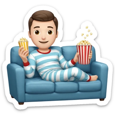 male memoji, lazy man in pajamas, lying on couch, holding TV remote, relaxed face, casual home vibe, popcorn bucket sticker